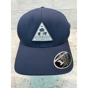 TravisMathew Stater Navy Blue Palm Tree Patch Trucker Hat Flexfit 110 Snapback